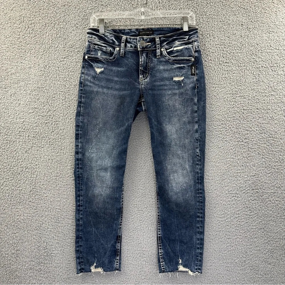 Silver Jeans Elyse Capri Jeans Dark‎ Wash Raw Hem Distressed Women's 25 x 23
